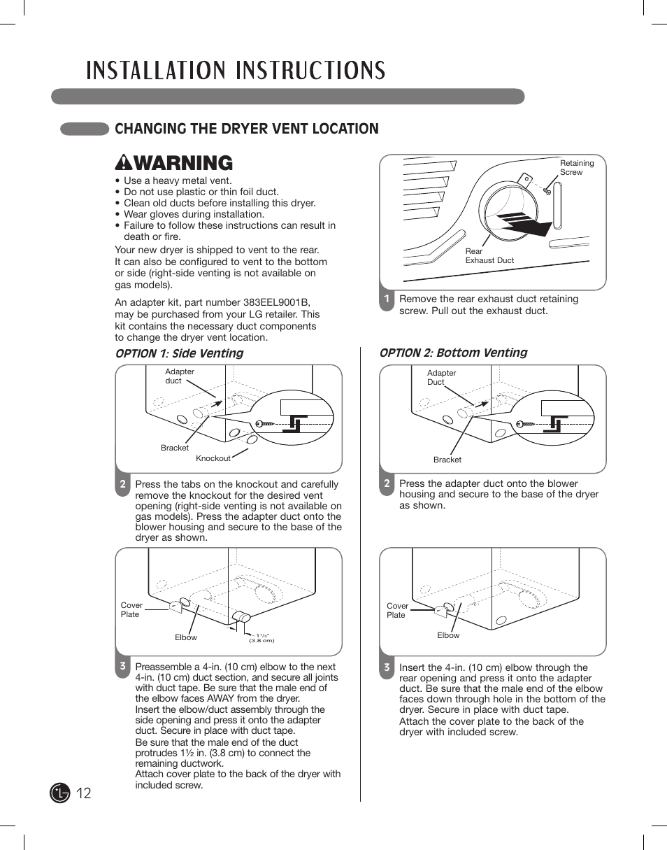 Wwarning, Changing the dryer vent location | LG DLE2101W User Manual | Page 12 / 112