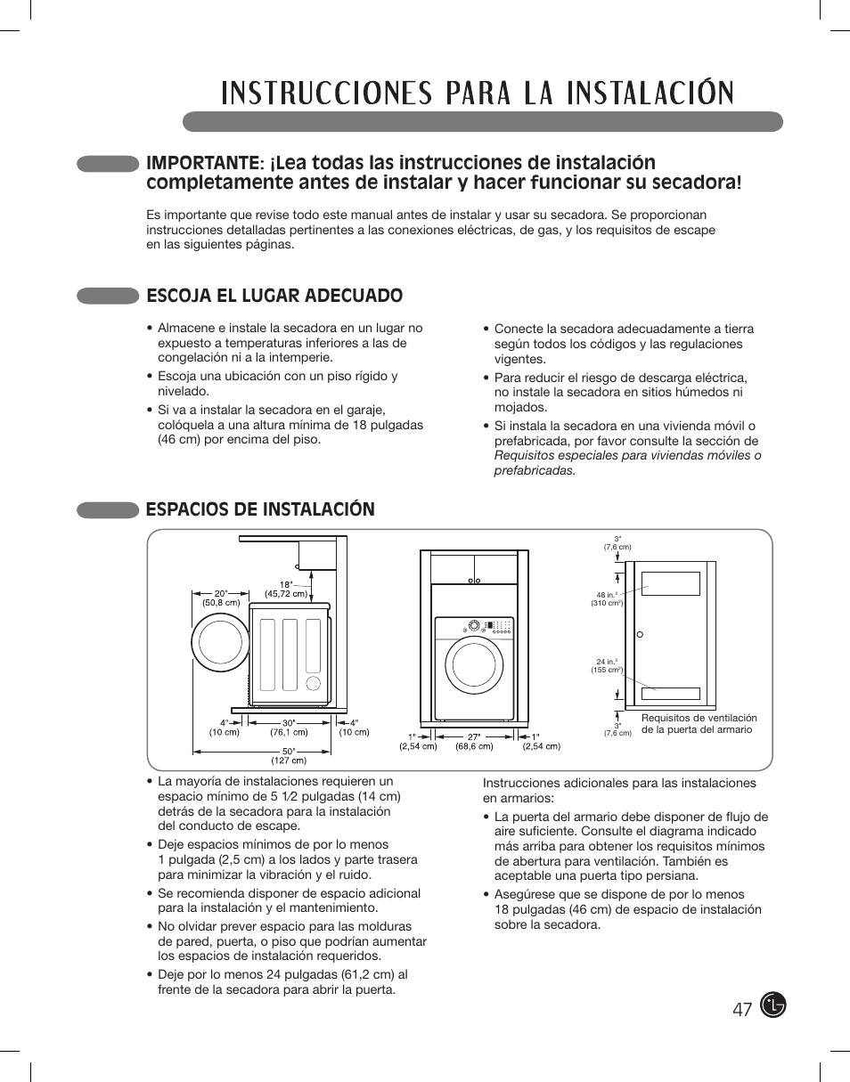 Escoja el lugar adecuado, Espacios de instalación | LG DLE2101W User Manual | Page 47 / 112
