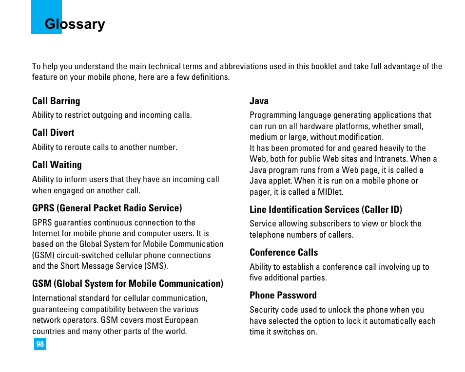Glossary | LG CU500 User Manual | Page 100 / 218