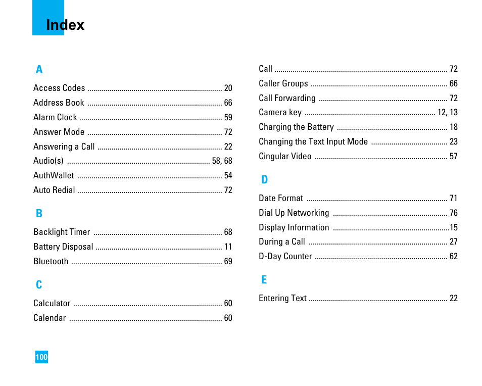 Index | LG CU500 User Manual | Page 102 / 218
