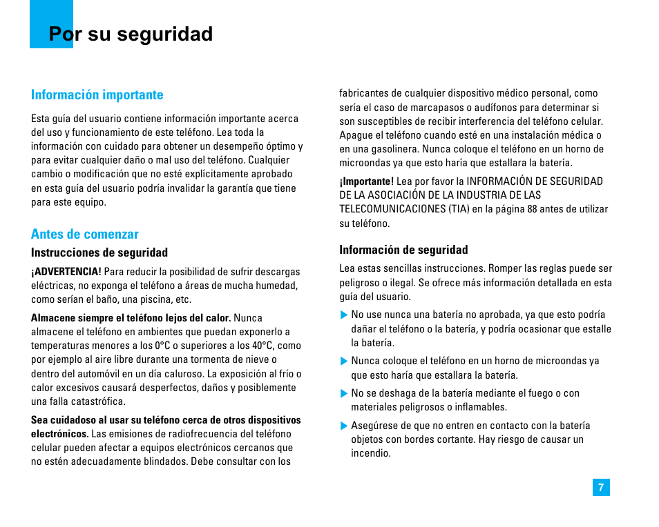 Por su seguridad, Información importante, Antes de comenzar | LG CU500 User Manual | Page 113 / 218