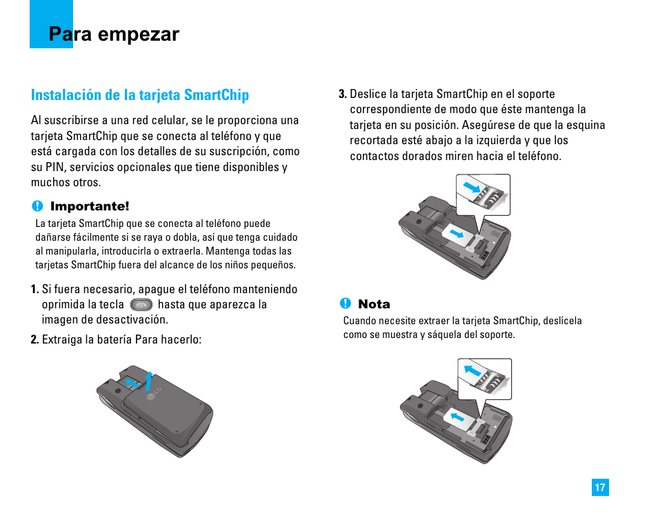 Para empezar, Instalación de la tarjeta smartchip | LG CU500 User Manual | Page 123 / 218