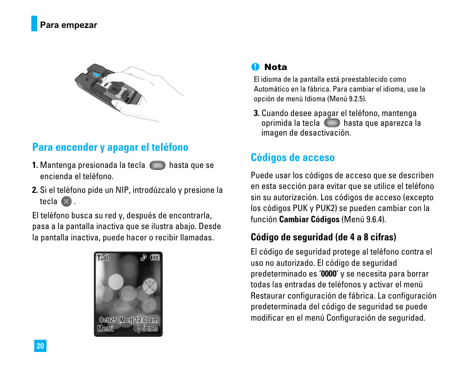 Para encender y apagar el teléfono, Códigos de acceso | LG CU500 User Manual | Page 126 / 218