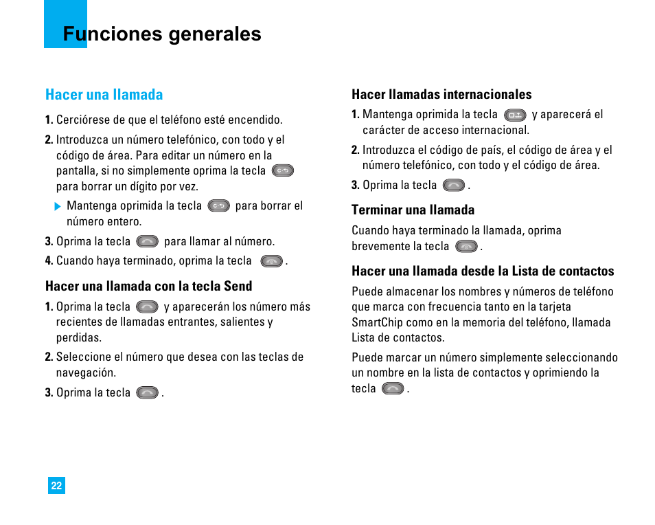 Funciones generales, Hacer una llamada | LG CU500 User Manual | Page 128 / 218