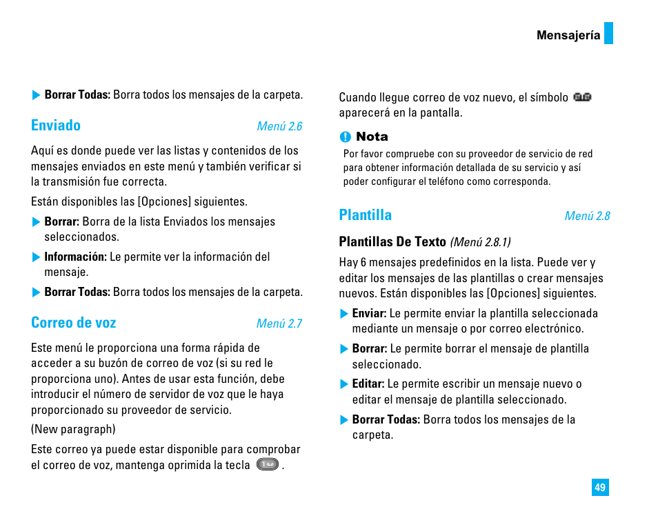Enviado, Correo de voz, Plantilla | LG CU500 User Manual | Page 155 / 218