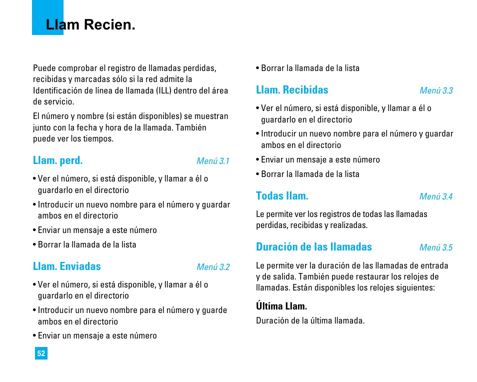 Llam recien, Llam. perd, Llam. enviadas | Llam. recibidas, Todas llam, Duración de las llamadas | LG CU500 User Manual | Page 158 / 218