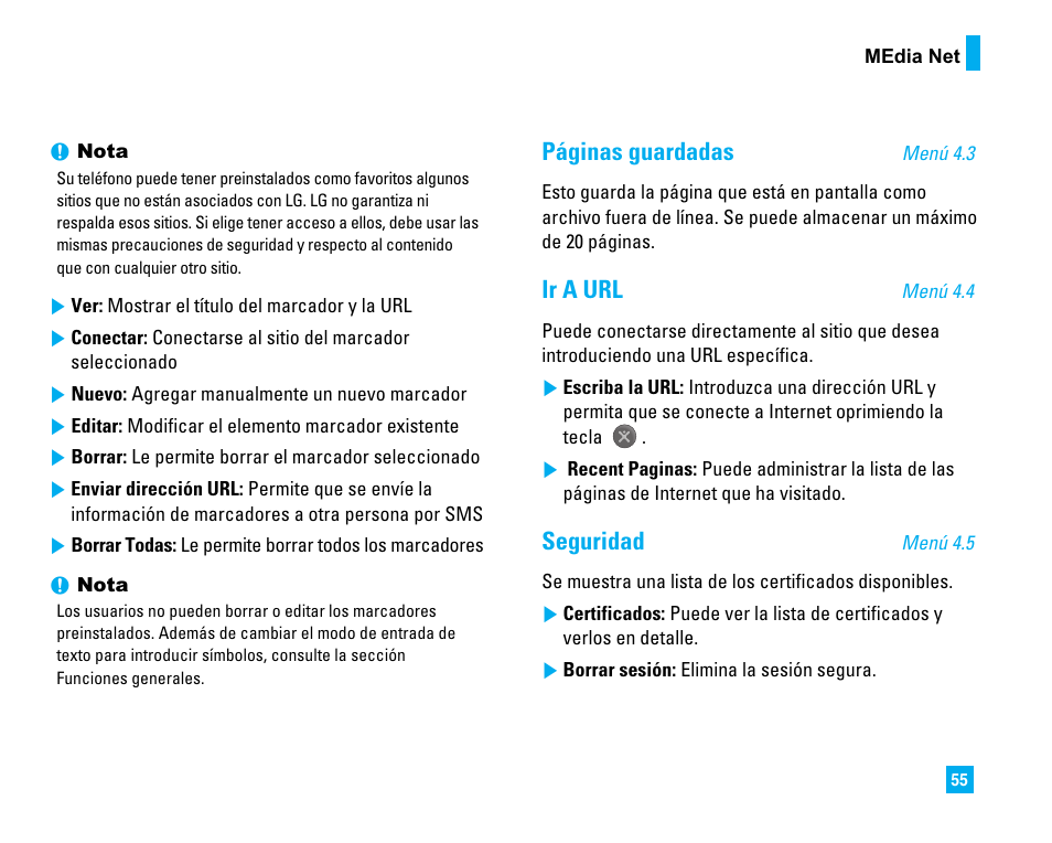 Páginas guardadas, Ir a url, Seguridad | LG CU500 User Manual | Page 161 / 218