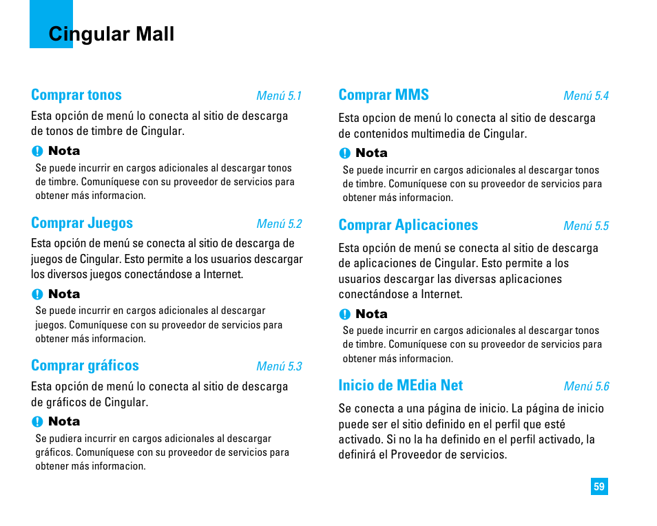 Cingular mall, Comprar tonos, Comprar juegos | Comprar gráficos, Comprar mms, Comprar aplicaciones, Inicio de media net | LG CU500 User Manual | Page 165 / 218