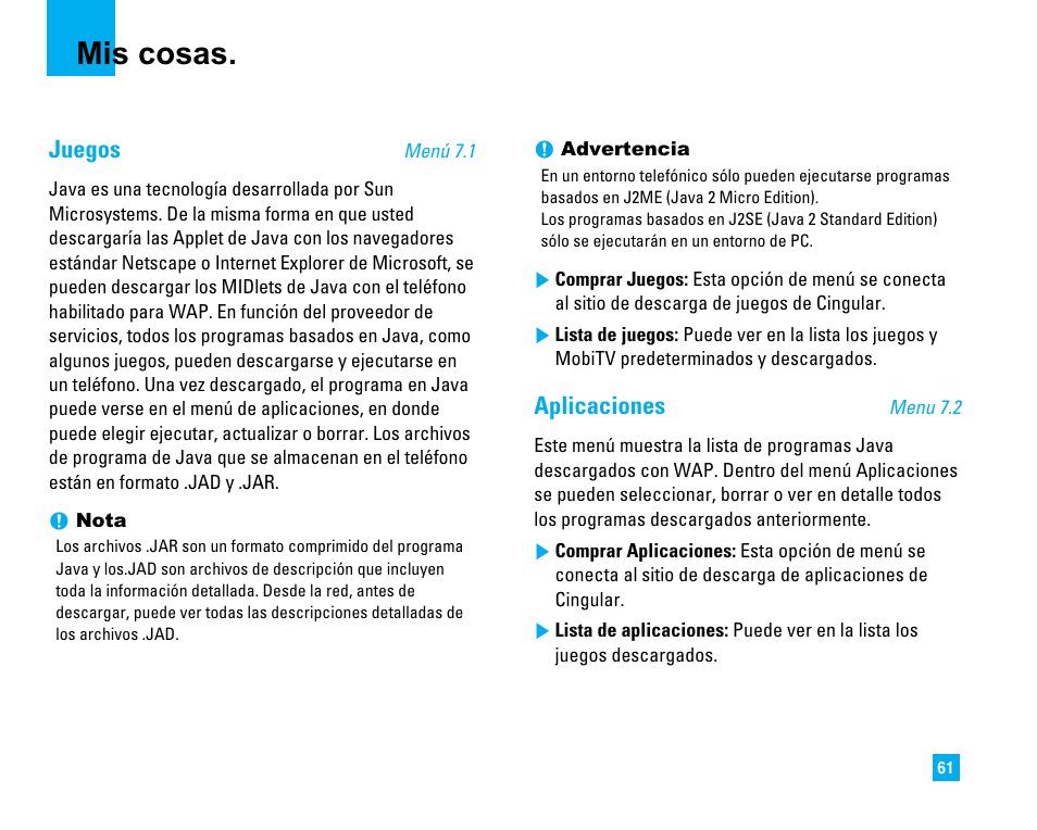 Mis cosas, Juegos, Aplicaciones | LG CU500 User Manual | Page 167 / 218