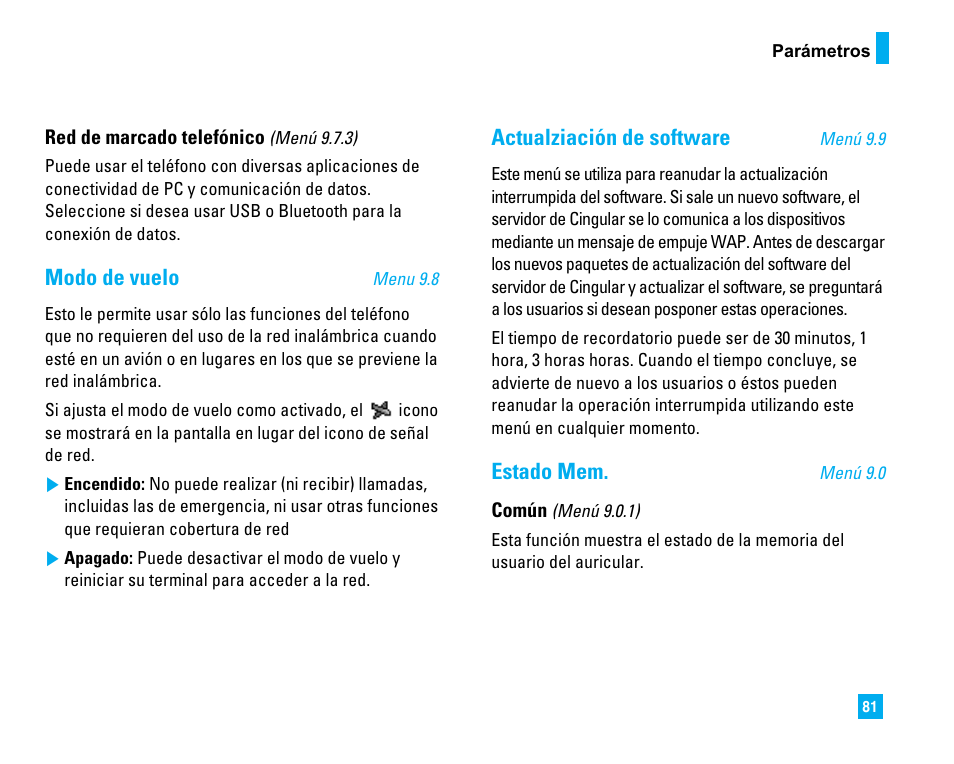 Modo de vuelo, Actualziación de software, Estado mem | LG CU500 User Manual | Page 187 / 218