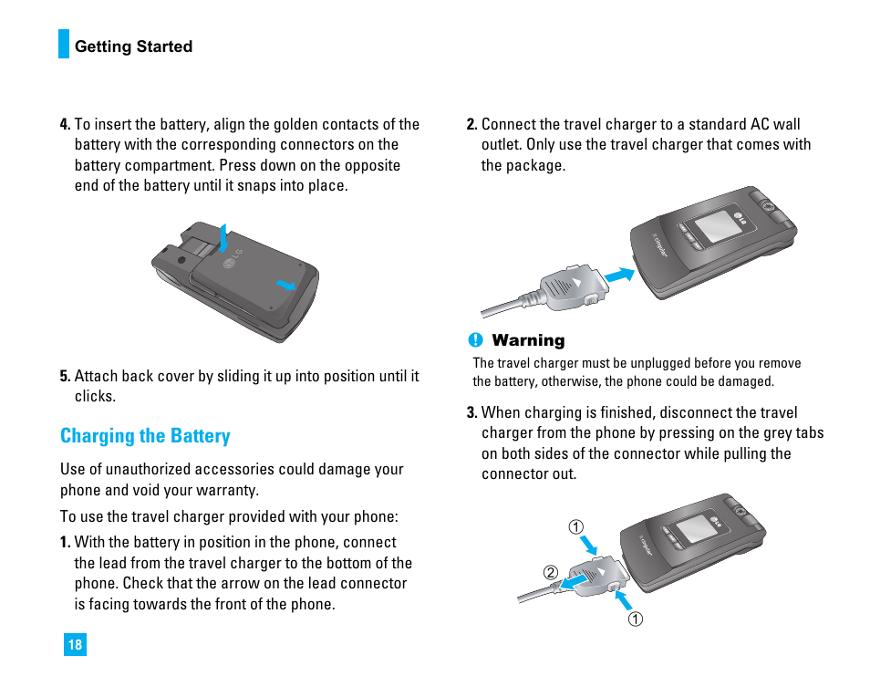 Charging the battery | LG CU500 User Manual | Page 20 / 218