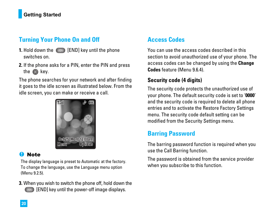 Turning your phone on and off, Access codes, Barring password | LG CU500 User Manual | Page 22 / 218