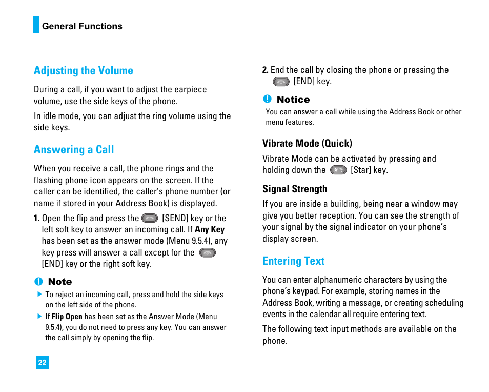 Adjusting the volume, Answering a call, Entering text | LG CU500 User Manual | Page 24 / 218