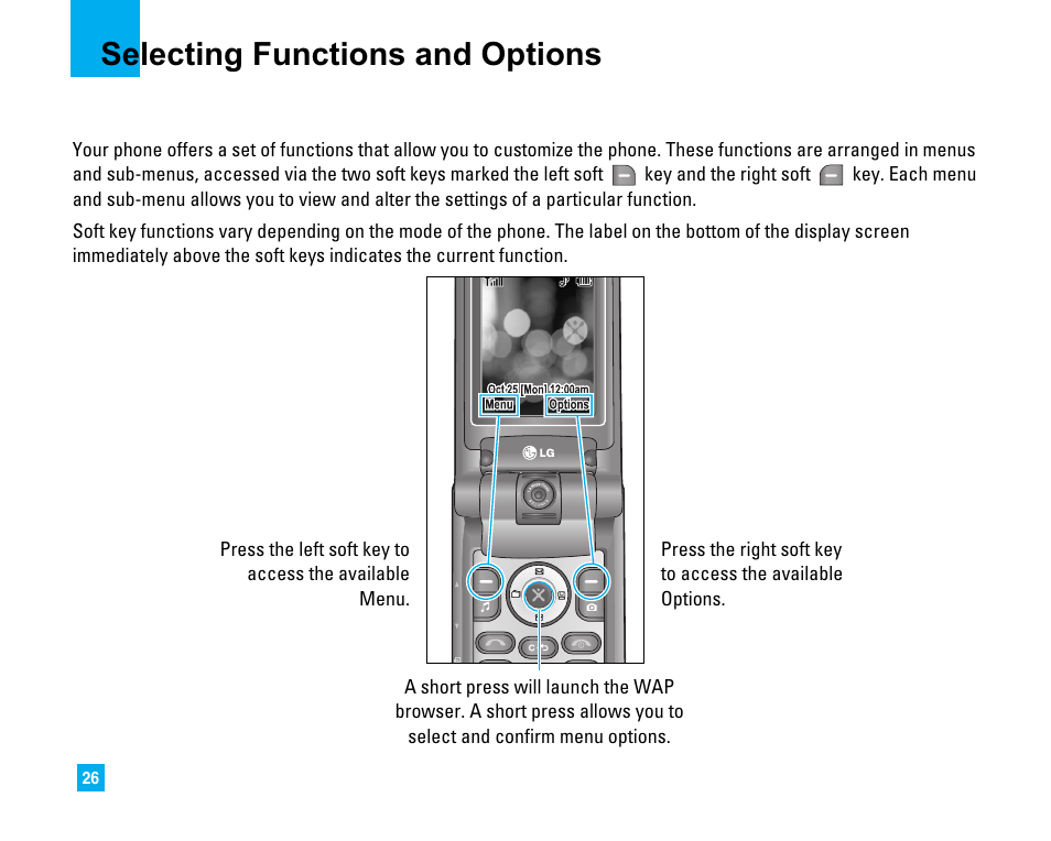 Selecting functions and options | LG CU500 User Manual | Page 28 / 218