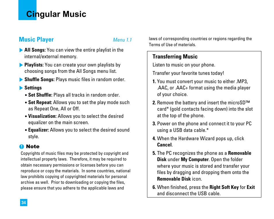 Cingular music, Music player | LG CU500 User Manual | Page 36 / 218