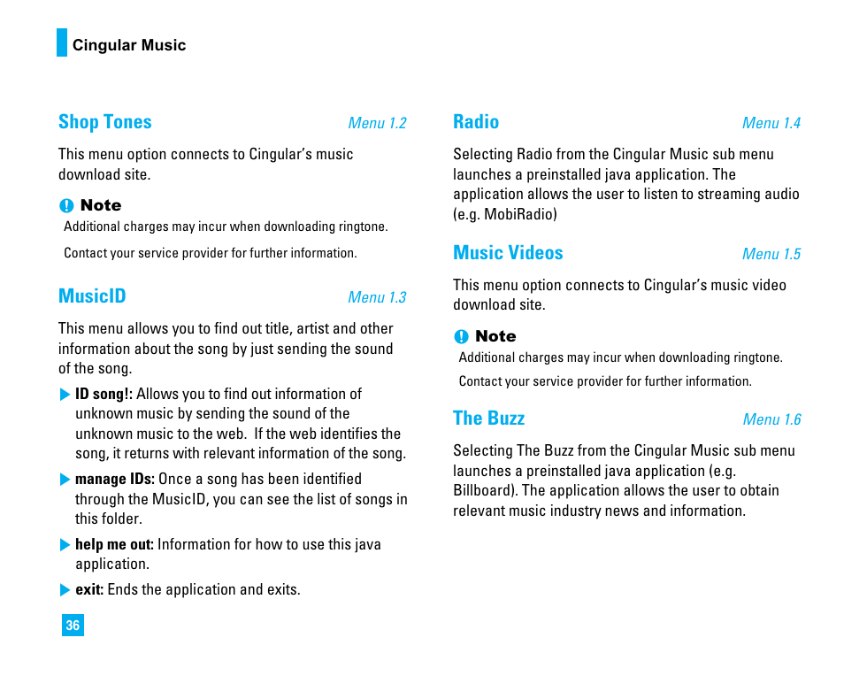Shop tones, Musicid, Radio | Music videos, The buzz | LG CU500 User Manual | Page 38 / 218