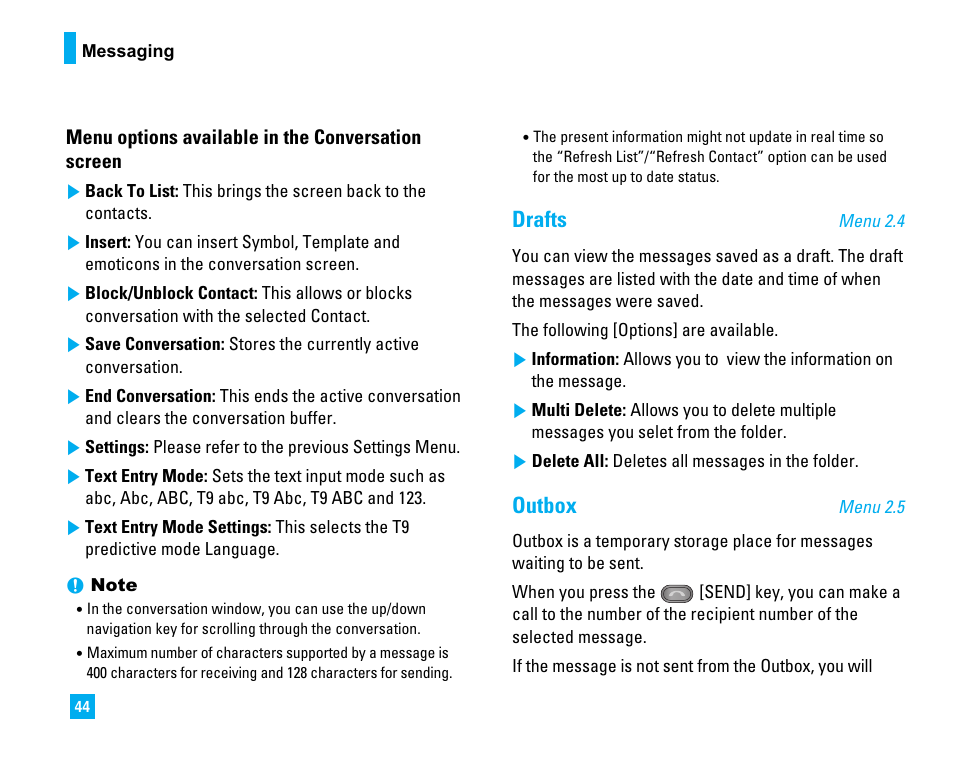 Drafts, Outbox | LG CU500 User Manual | Page 46 / 218