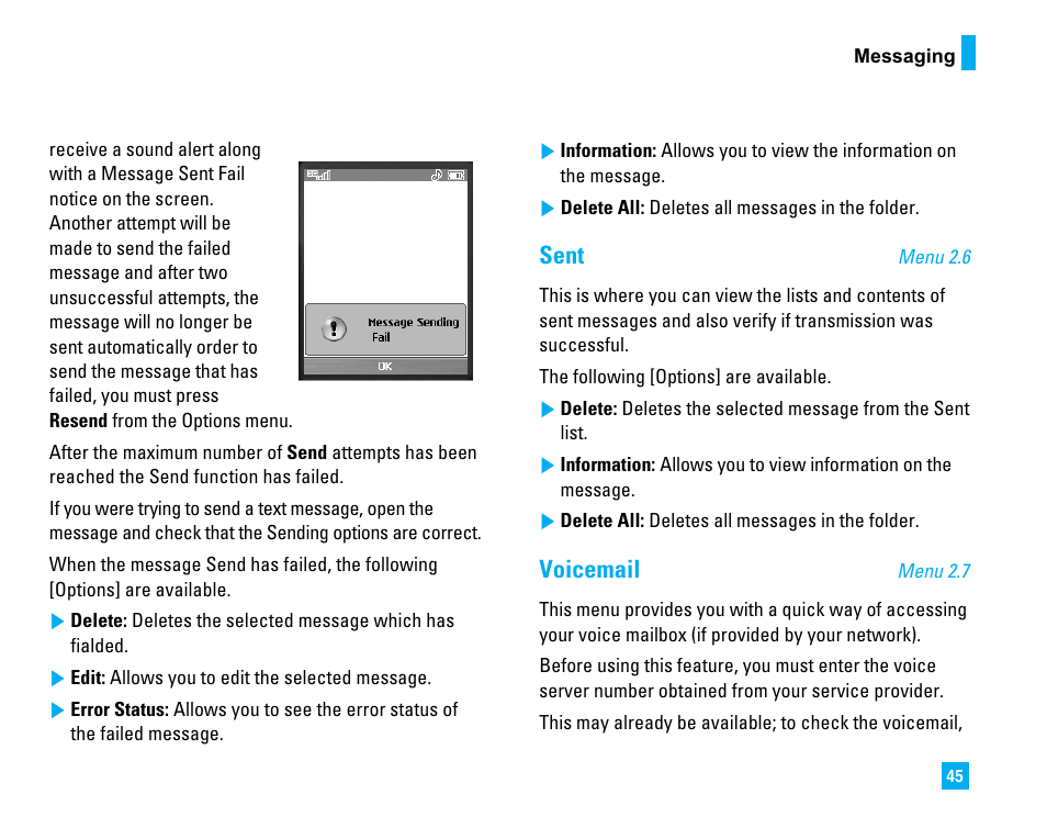 Sent, Voicemail | LG CU500 User Manual | Page 47 / 218