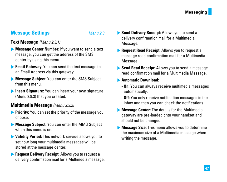 Message settings | LG CU500 User Manual | Page 49 / 218