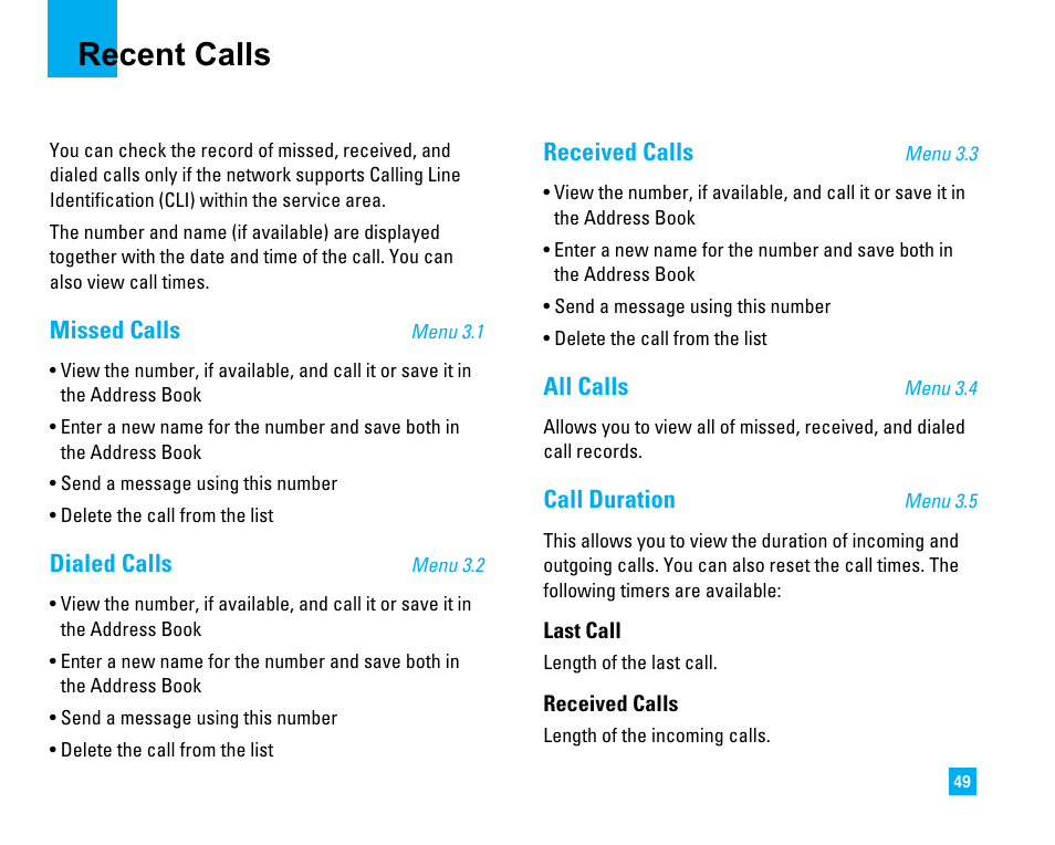 Recent calls, Missed calls, Dialed calls | Received calls, All calls, Call duration | LG CU500 User Manual | Page 51 / 218