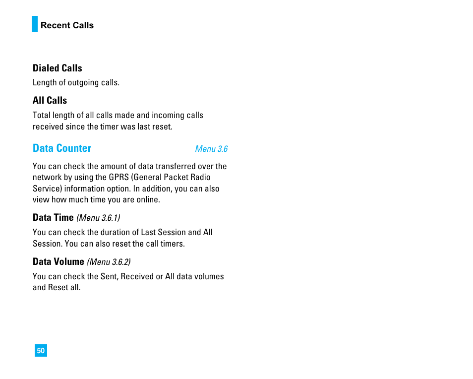 Data counter | LG CU500 User Manual | Page 52 / 218