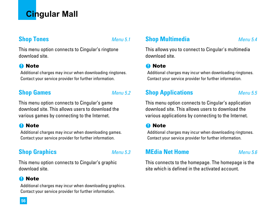 Cingular mall, Shop tones, Shop games | Shop graphics, Shop multimedia, Shop applications, Media net home | LG CU500 User Manual | Page 58 / 218