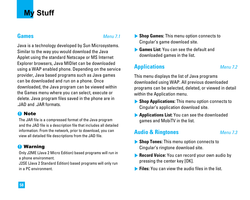 My stuff, Games, Applications | Audio & ringtones | LG CU500 User Manual | Page 60 / 218