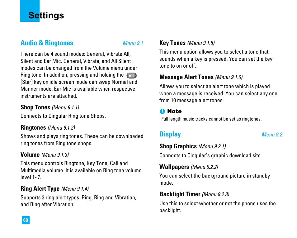 Settings, Audio & ringtones, Display | LG CU500 User Manual | Page 70 / 218
