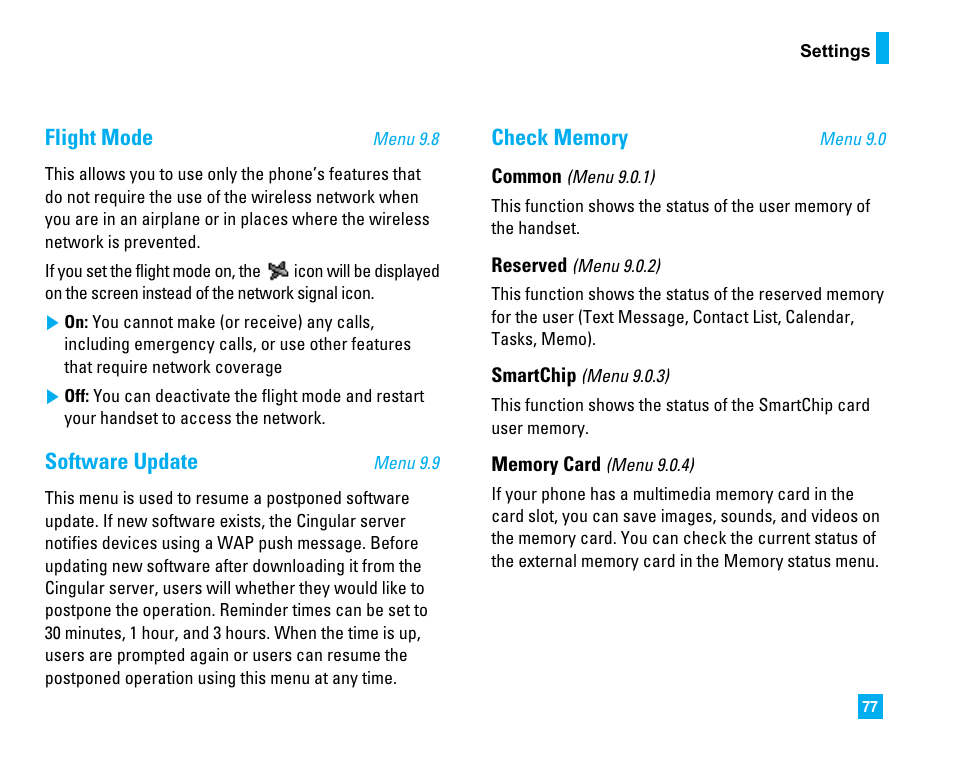 Flight mode, Software update | LG CU500 User Manual | Page 79 / 218