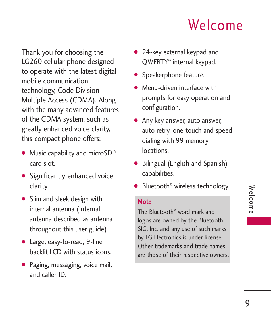 Welcome, Significantly enhanced voice clarity | LG 260 User Manual | Page 11 / 240