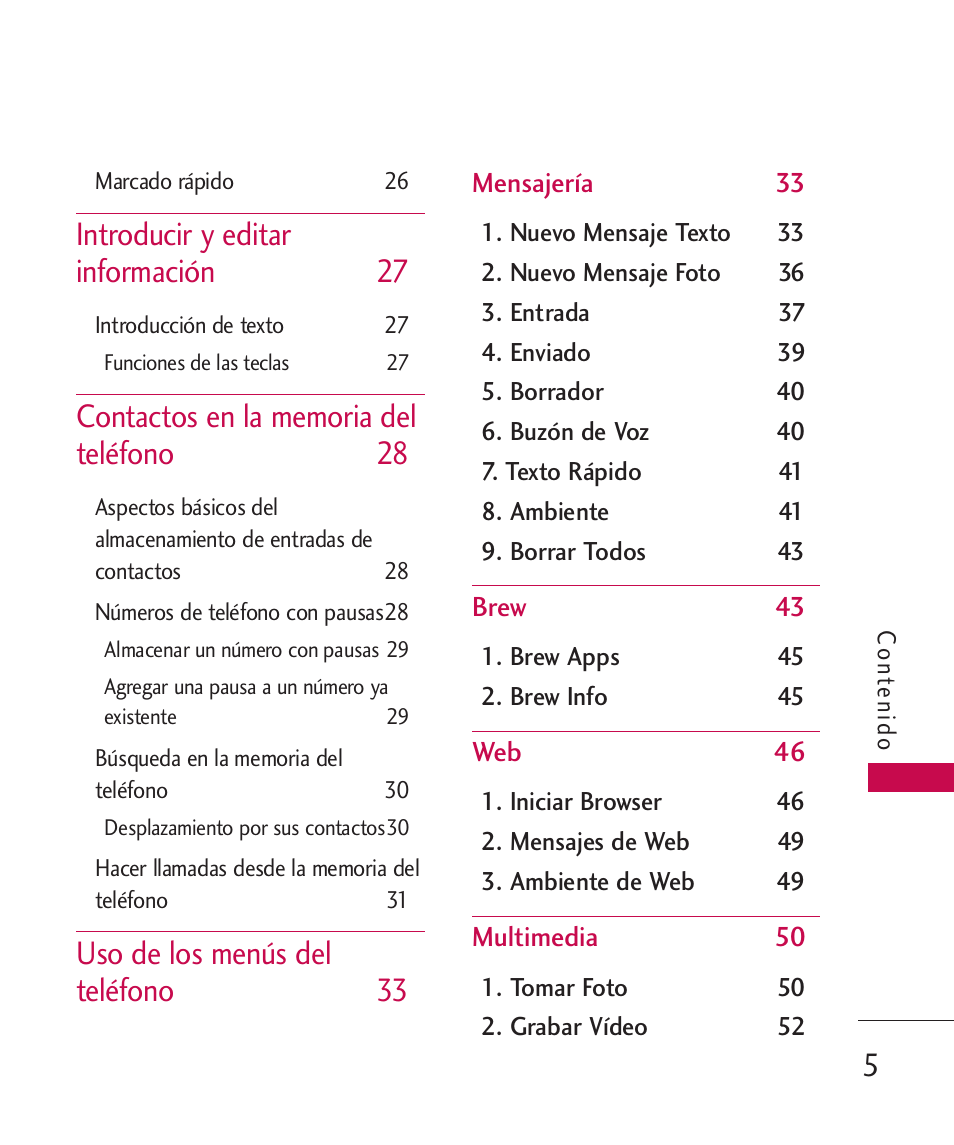 Introducir y editar información 27, Uso de los menús del teléfono 33 | LG 260 User Manual | Page 120 / 240