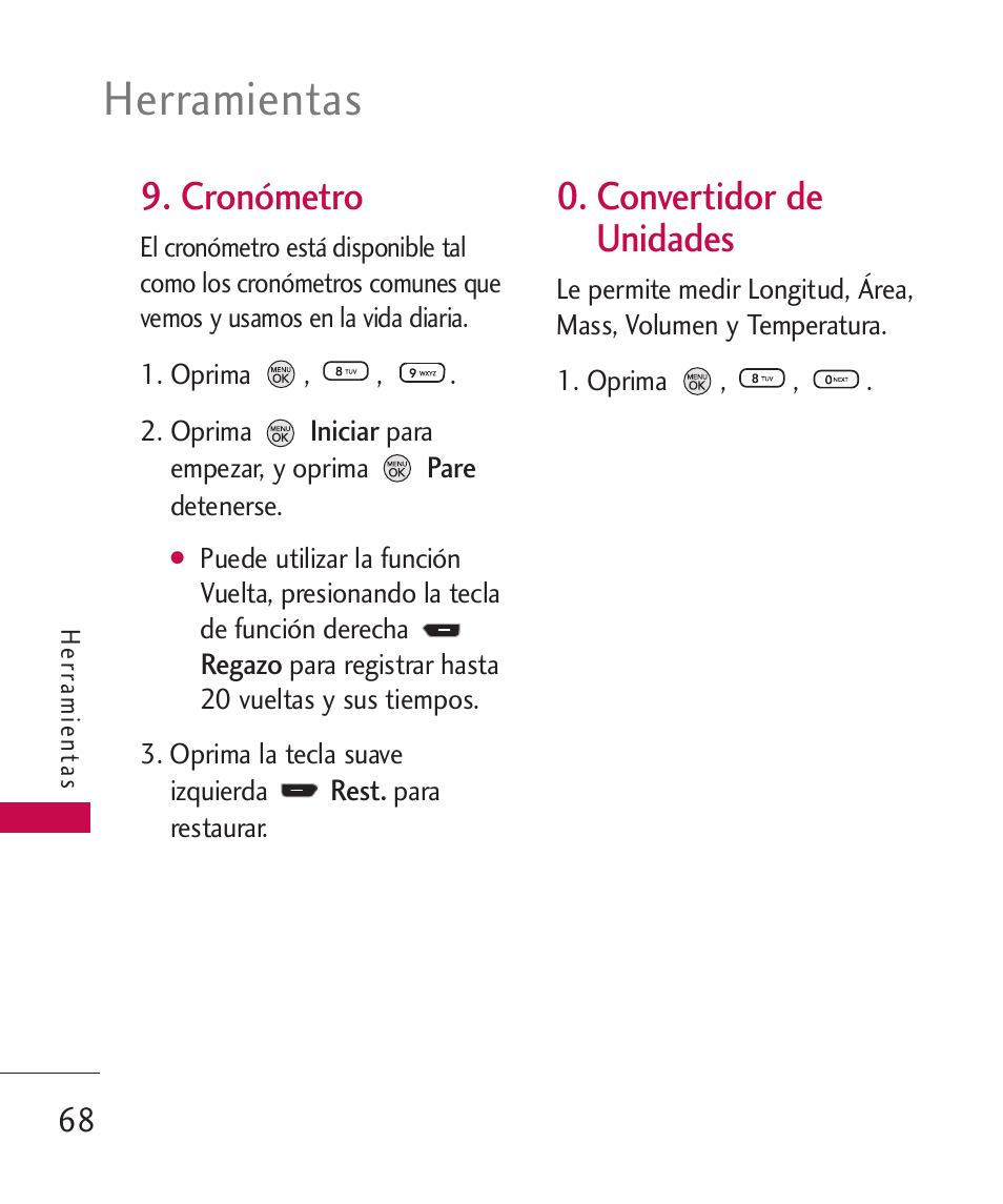 Cronómetro, Convertidor de unidades, Convertidor de unidades68 | Herramientas | LG 260 User Manual | Page 183 / 240