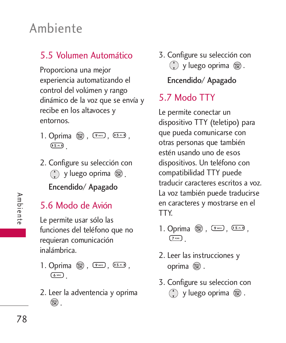 5 volumen automático, 6 modo de avión, 7 modo tty | Ambiente | LG 260 User Manual | Page 193 / 240
