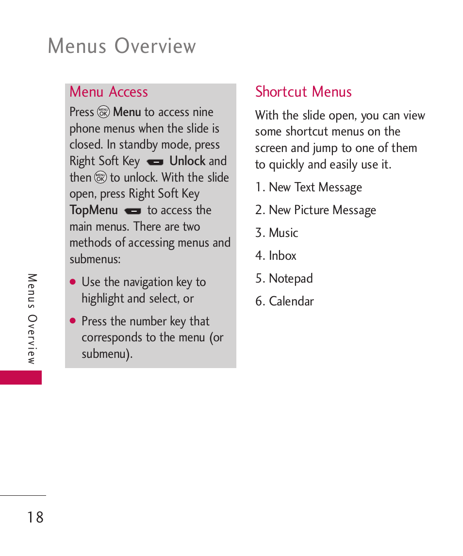Menu access, Shortcut menus, Menus overview | LG 260 User Manual | Page 20 / 240