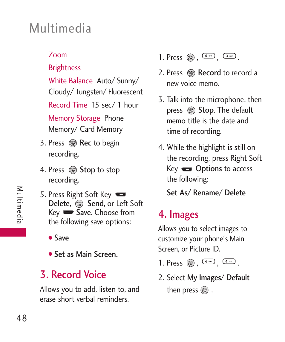 Record voice, Images, Multimedia | LG 260 User Manual | Page 50 / 240