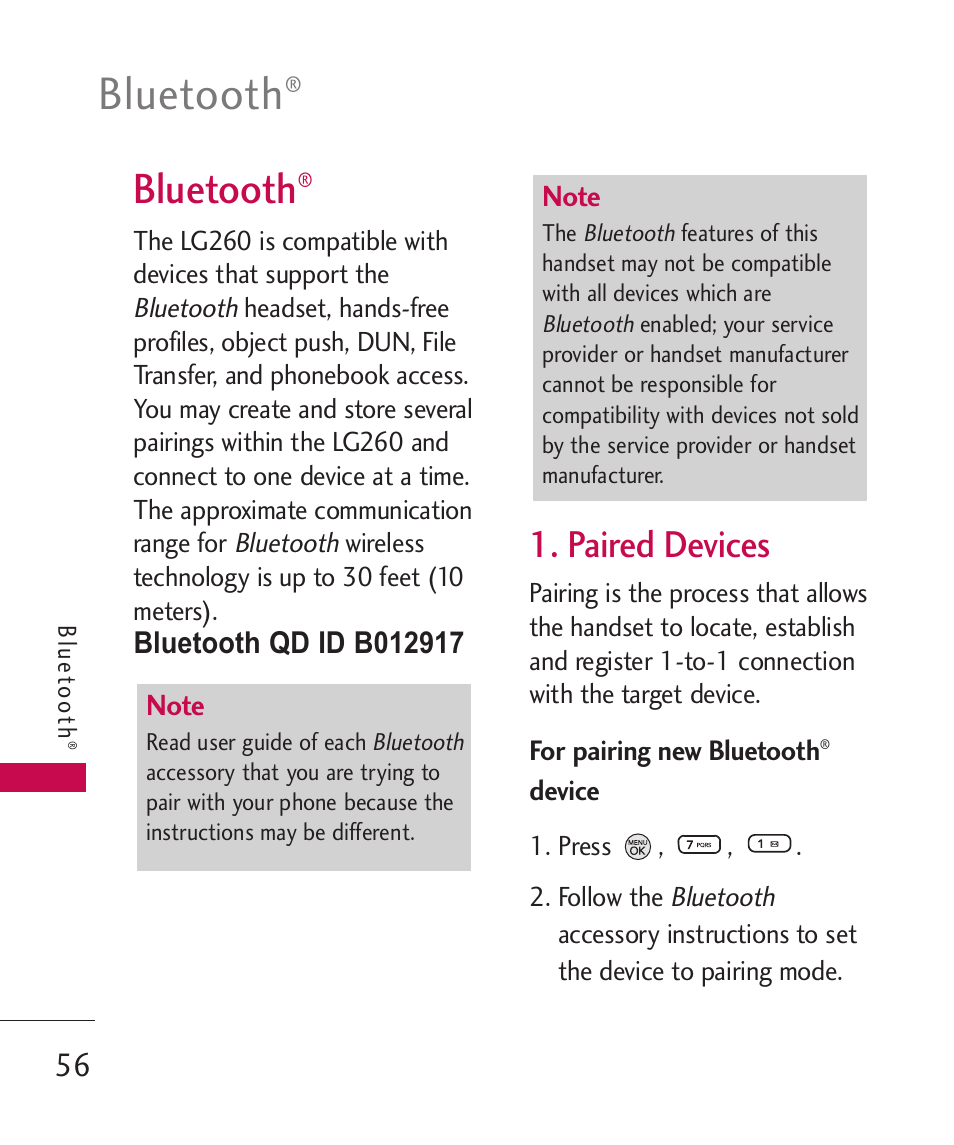 Bluetooth, Paired devices | LG 260 User Manual | Page 58 / 240