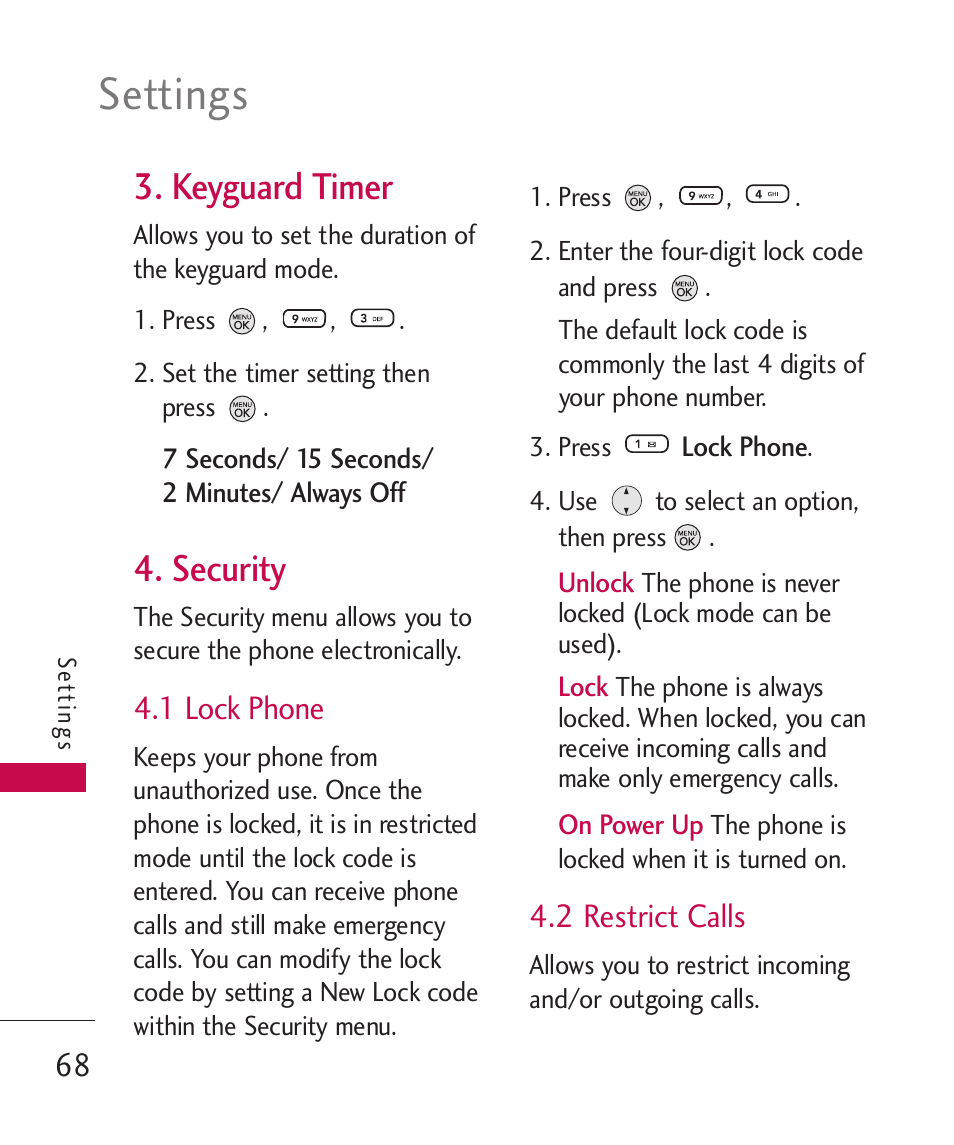 Keyguard timer, Security, 1 lock phone | 2 restrict calls, Settings | LG 260 User Manual | Page 70 / 240