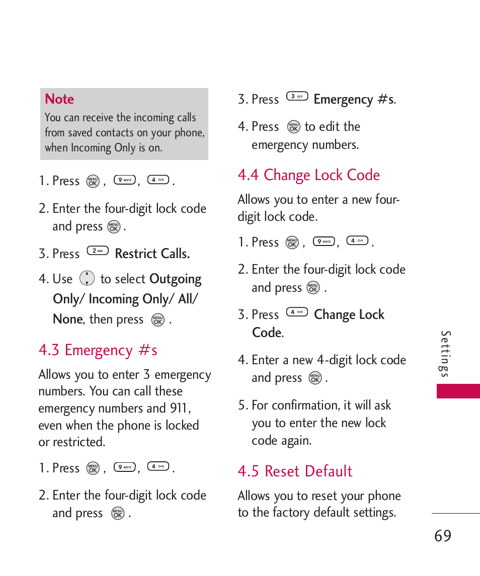 3 emergency #s, 4 change lock code, 5 reset default | LG 260 User Manual | Page 71 / 240