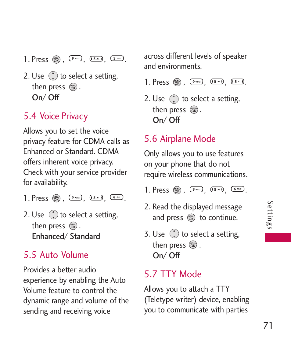 4 voice privacy, 5 auto volume, 6 airplane mode | 7 tty mode | LG 260 User Manual | Page 73 / 240