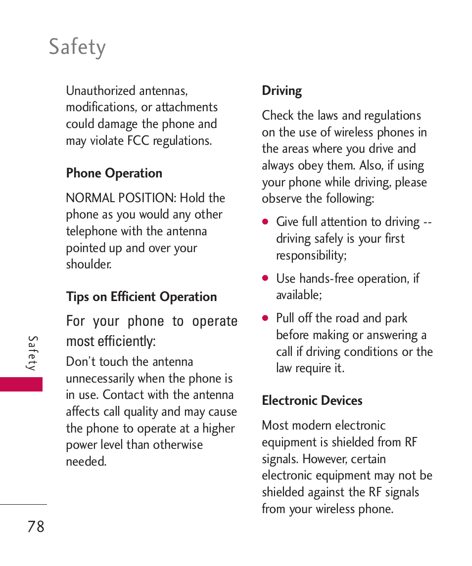 Phone operation, Tips on efficient operation, Driving | Electronic devices, Safety | LG 260 User Manual | Page 80 / 240