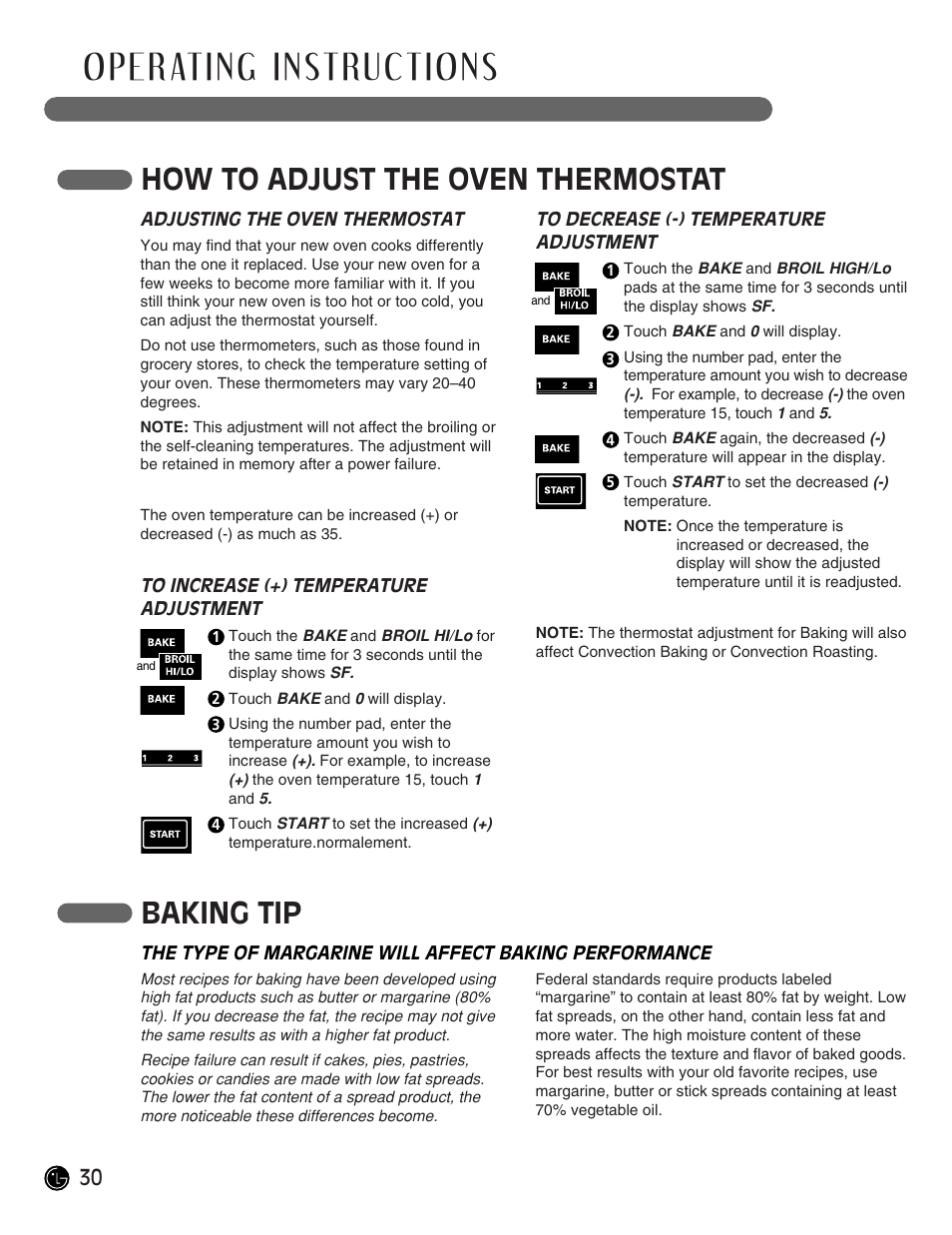 How to adjust the oven thermostat, Baking tip | LG LRG30357ST User Manual | Page 30 / 48