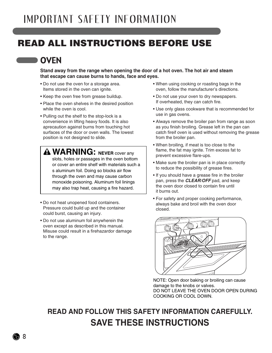 Read all instructions before use, Save these instructions, Oven | Warning, Read and follow this safety information carefully | LG LRG30357ST User Manual | Page 8 / 48
