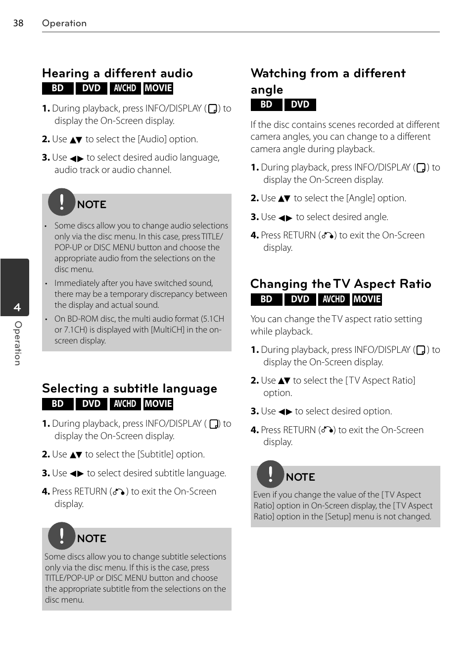 Hearing a different audio, Selecting a subtitle language, Watching from a different angle | Changing the tv aspect ratio | LG BD678N User Manual | Page 38 / 72