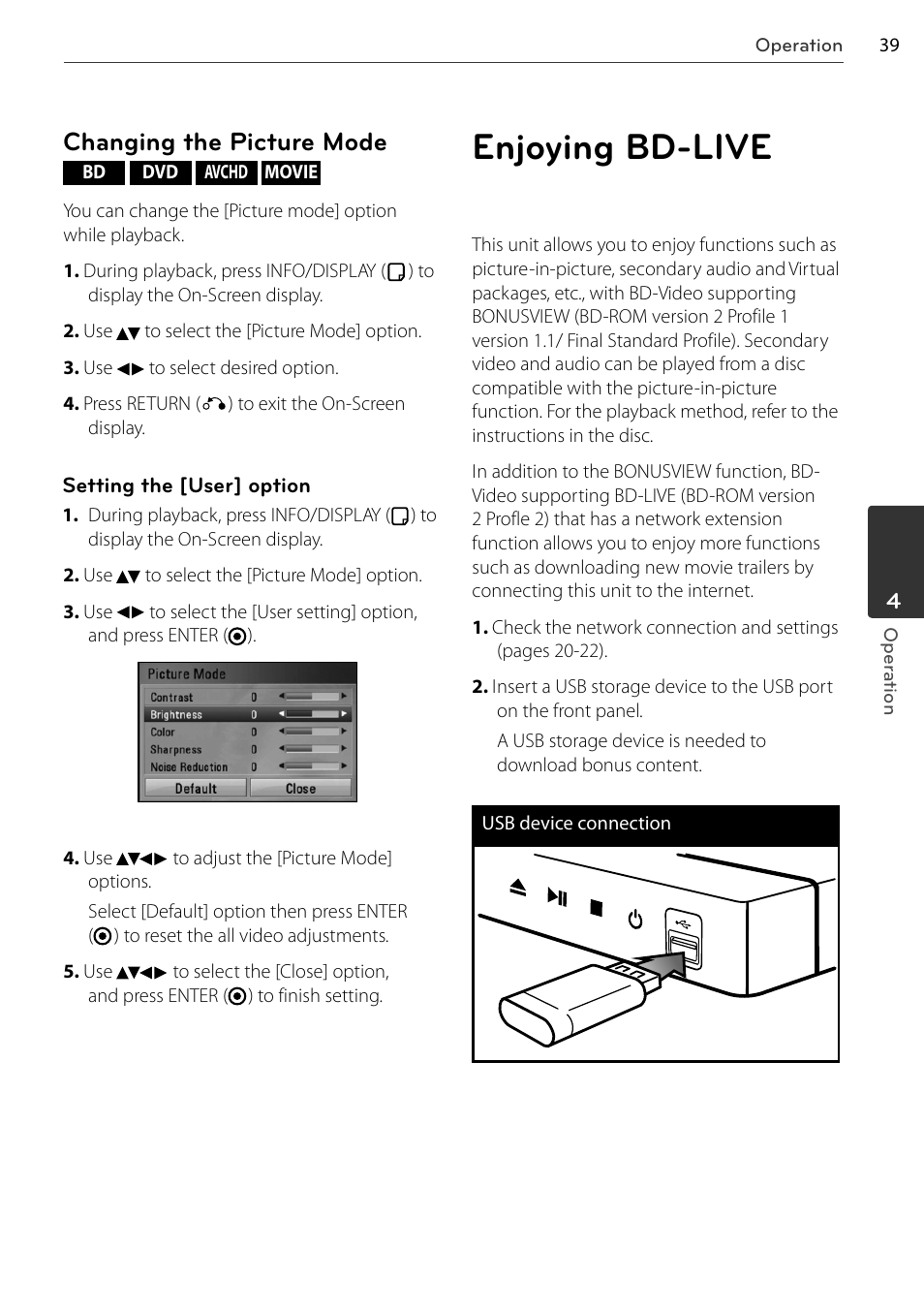 Enjoying bd-live, Changing the picture mode | LG BD678N User Manual | Page 39 / 72