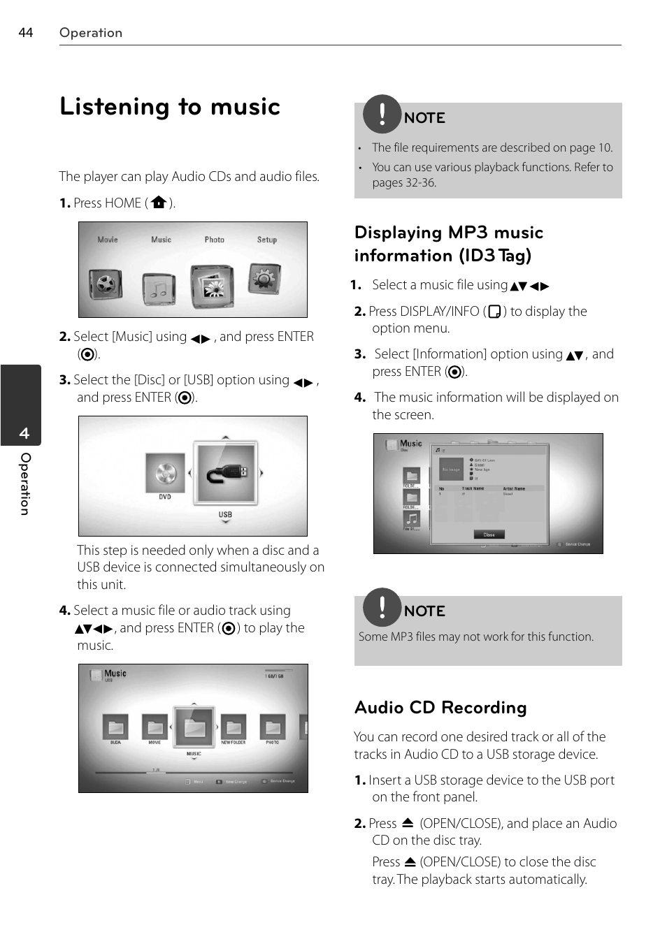 Listening to music, Displaying mp3 music information (id3 tag), Audio cd recording | LG BD678N User Manual | Page 44 / 72