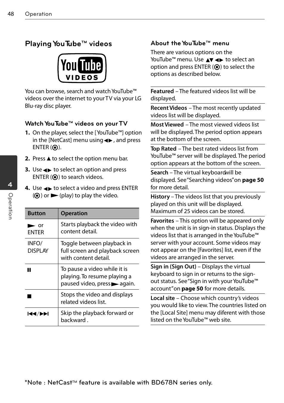 Playing youtube™ videos | LG BD678N User Manual | Page 48 / 72