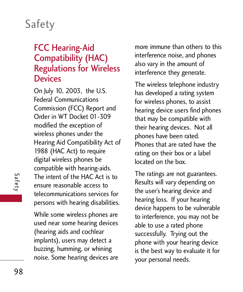 Fcc hearing-aid compatibilit, Safety | LG 300 User Manual | Page 100 / 226