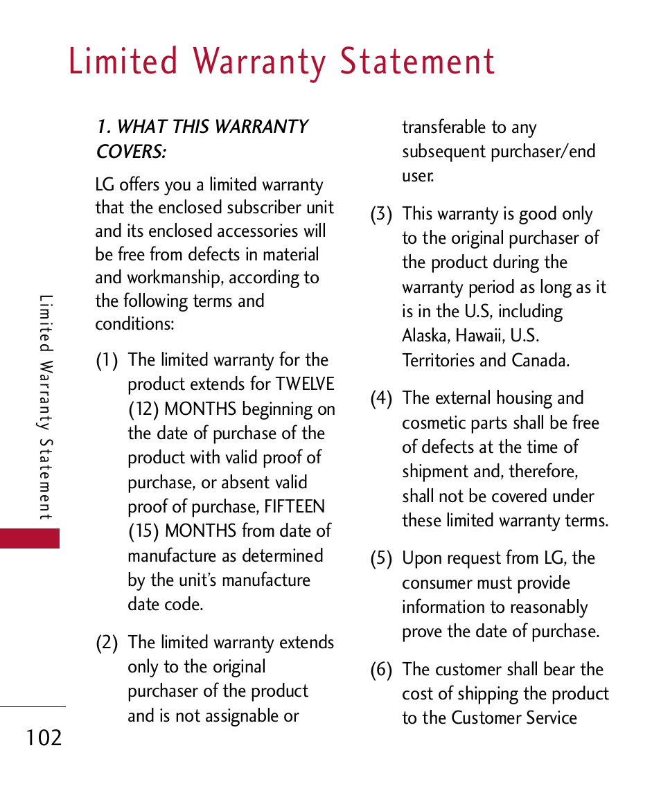 Limited warranty statement | LG 300 User Manual | Page 104 / 226