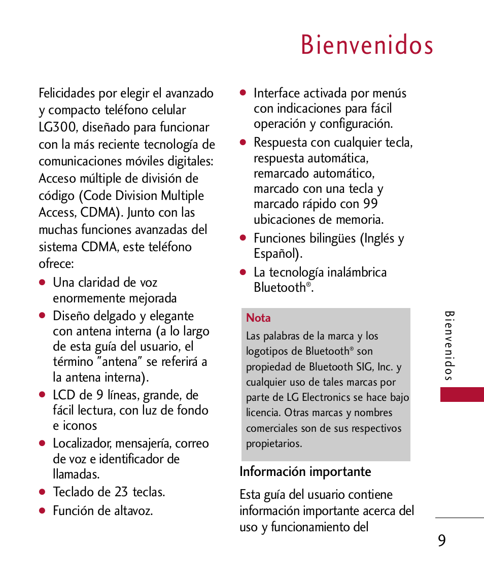Bienvenidos, Información importante | LG 300 User Manual | Page 119 / 226