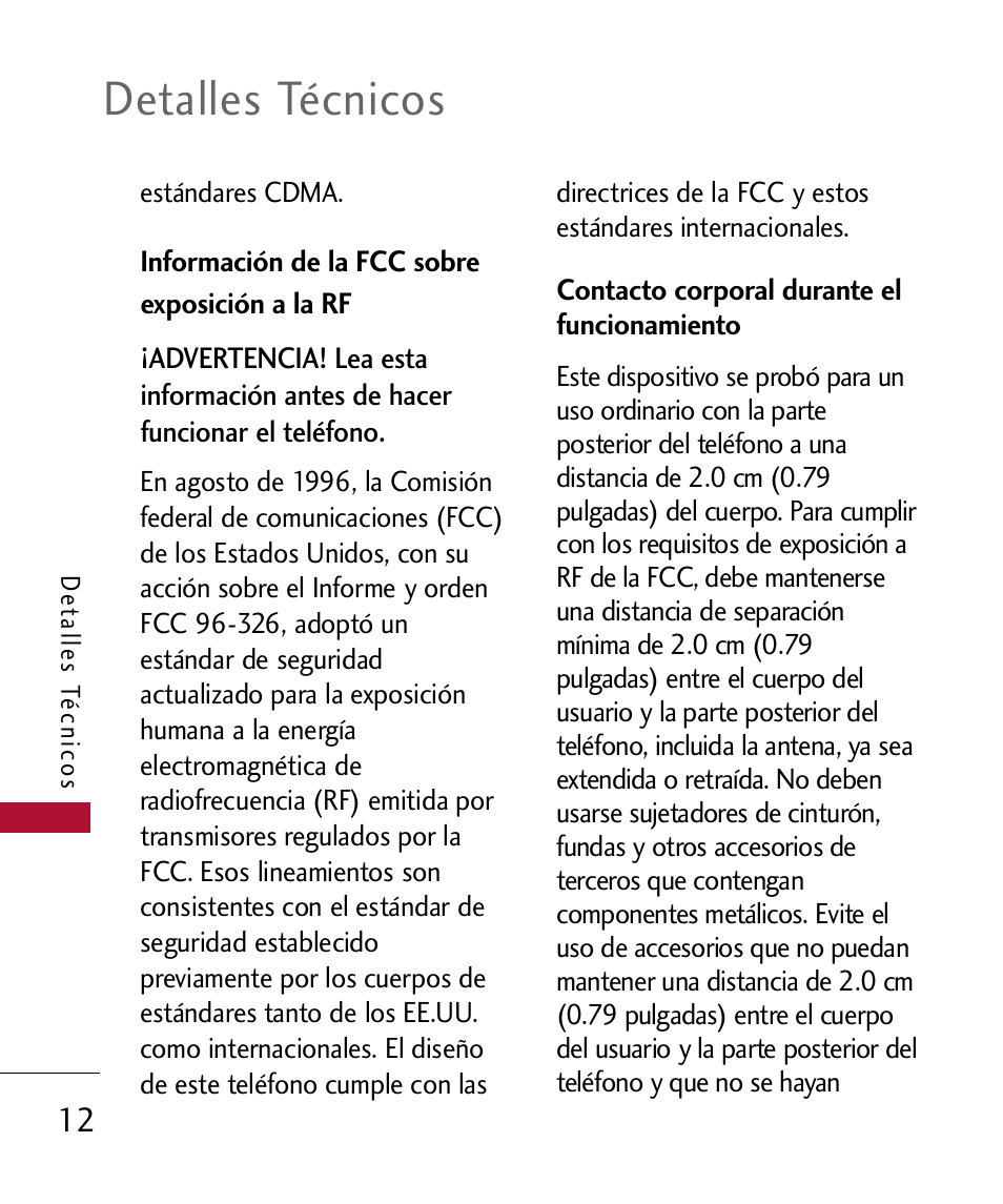 Informaci? de la fcc sobre, Información de la fcc sobre exposición a la rf, Detalles técnicos | LG 300 User Manual | Page 122 / 226